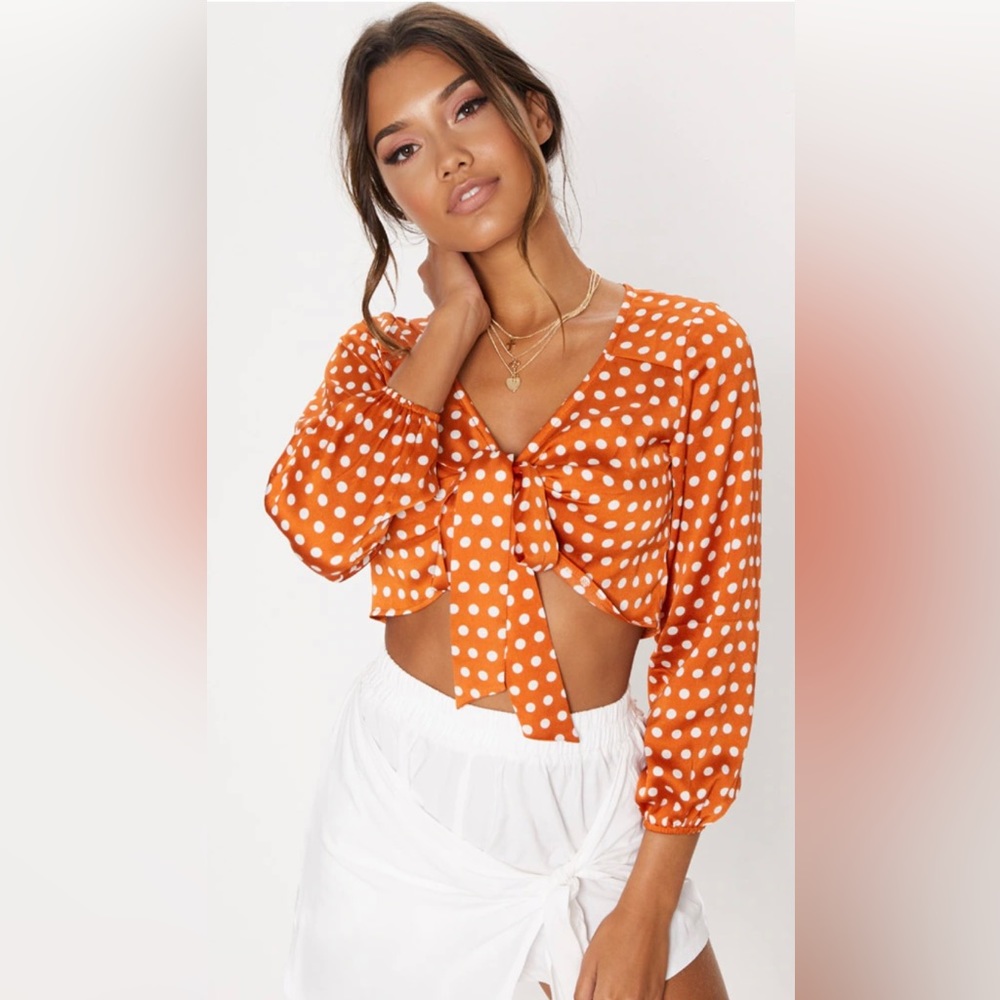 Pretty Little Thing Burnt Orange Polka dot Tie Front Blouse Sz 12